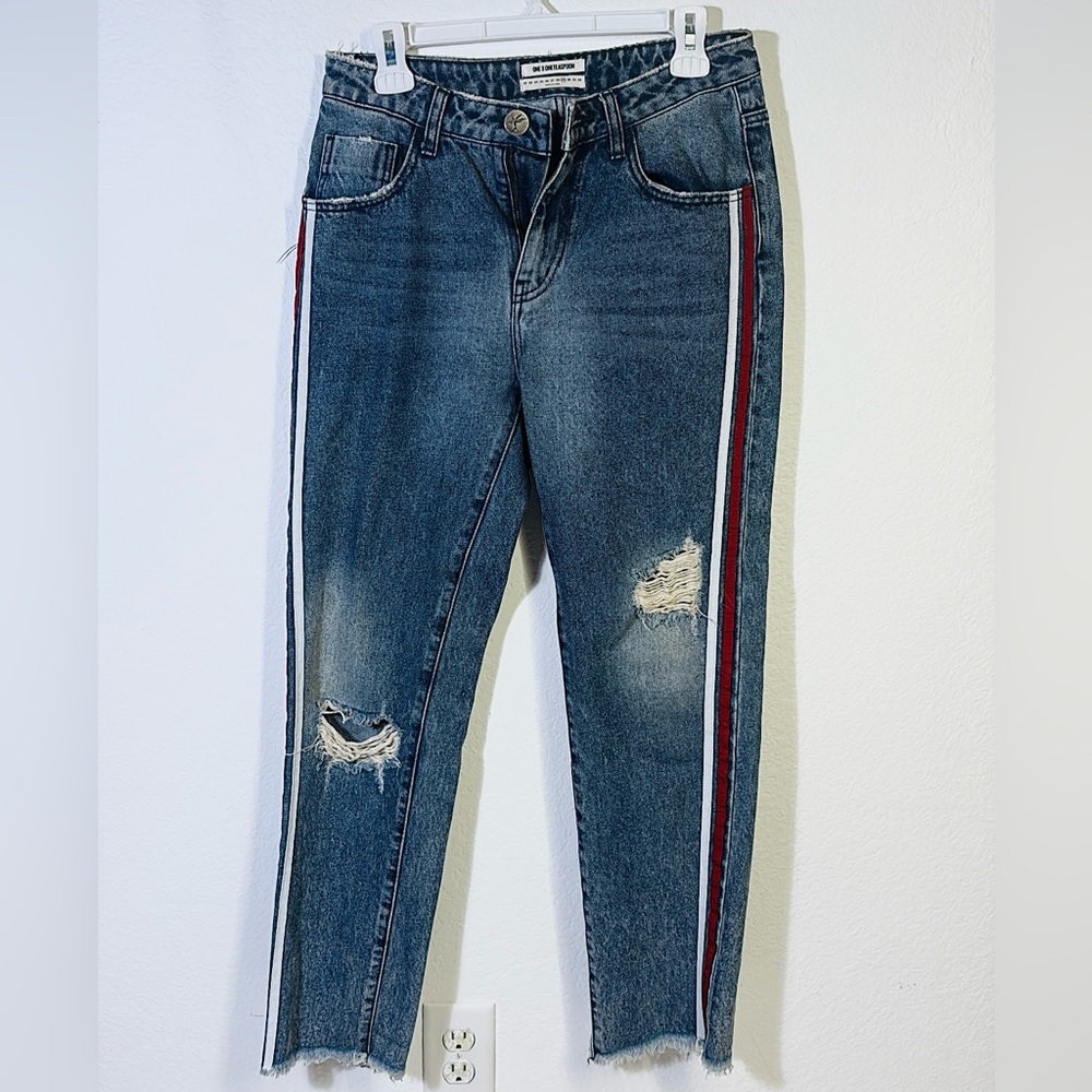 One Teaspoon Blue Skinny Jeans with Red and White Stripes